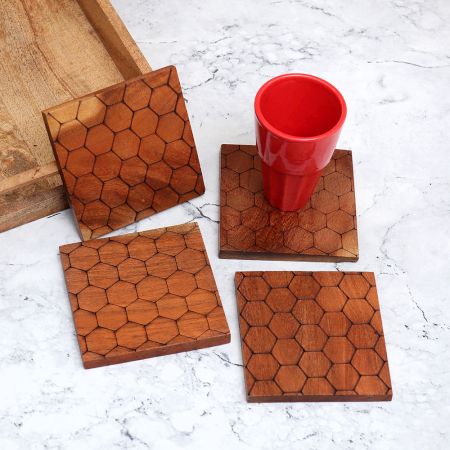 Honeycomb Pattern Brown Wooden Coasters - Pack of 4